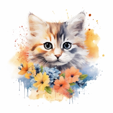 Beautiful colorful full kitten on flowers, summer vibes, hand drawing digital art, clean design, sublimation, colorful, watercolor style, white background, 4K, extremely detailed, clipart