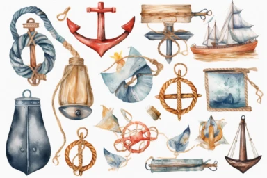 watercolor nautical elements such as anchors, ropes, sails, and rigging clipart, HD, with white background, spaced out