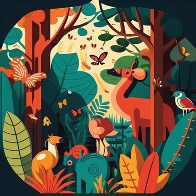Create a vector graphic illustration of clipart animals interacting in a vibrant jungle scene. The style should echo modern flat design principles, simple yet visually engaging. The setting is well-lit, like a clear, sun-filled day, highlighting the bold primary and secondary colors of the animals and foliage. The composition is a medium shot, focusing on the playful interactions between different animals. white background