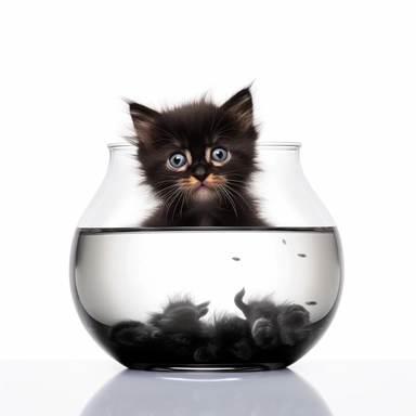 Visualize a curious clipart kitten with wide eyes and a raised paw, peering over the edge of a fishbowl, filled with anticipation and wonder against a white background.