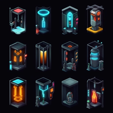 isometric, spritesheet, game assets, futuristic elevator sprites, isometric perspective, game sprite, sci-fi, cute, fun, creative, cartoon, clipart, hyper-detailed, black background
