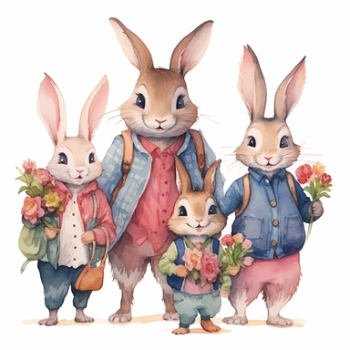family of bunnies wearing clothes, watercolor, flowers, pixar, clipart