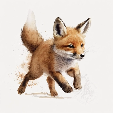 cute baby fox watercolor clipart, realistic, childlike animal illustration, isolated on white background, Beatrix Potter, clean blended strokes, running