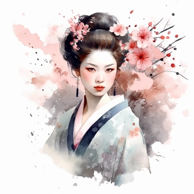 watercolor, white background, clipart, watercolor, white background, ultra-realistic and hyper-detailed clipart, 2d animation style, very beautiful confident Elegant geisha enjoying a cherry blossom
