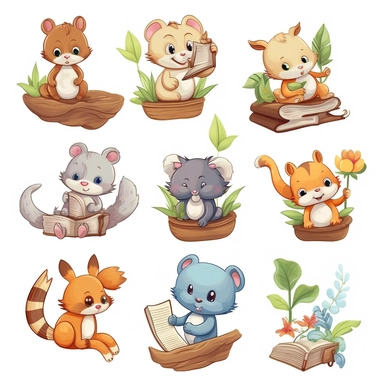 Create a set of clipart featuring cute animals engaged in various activities like reading a book, playing with a ball, gardening, or cooking. These versatile and adorable animal illustrations can be used in various educational materials, children's books, or crafting projects.