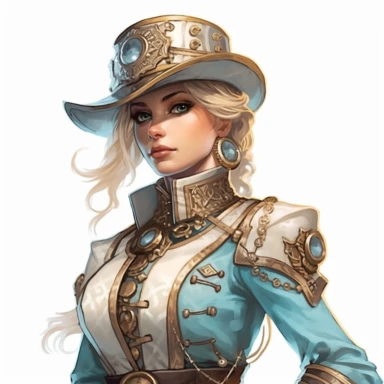 Solid white background. Waist-up illustration of a determined steampunk woman, her intense gaze and resolute smile reflecting her strong determination. Her alabaster skin and blond hair beautifully contrast her attire in shades of bronze and aquamarine, a testament to Victorian elegance and steampunk aesthetics. Instead of a hat, she wears a sleek headband adorned with industrial motifs. The background lacks any steampunk elements. Pastel clipart, hyper-realistic, retro-futurism, solid white bac