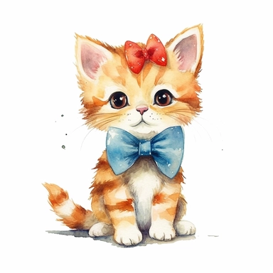 cute kitty cat, cat with bow, style watercolor, clipart, white background