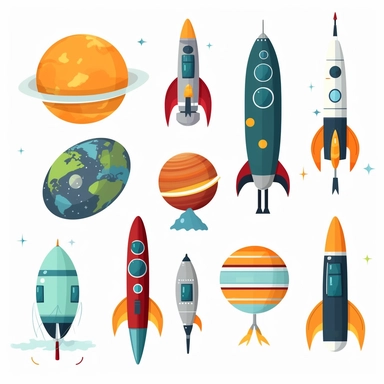 Outer Space Clipart Set with multiple planets, multiple space rockets no stars, 2D, full color, flat color as cartoon on a white background