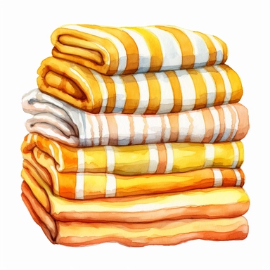 watercolour beach towels neatly stacked on top of each others, in the style of yellow and white stripes, clipart