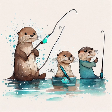 funny otter family going to fishing big fish, CLIPART, watercolor, ink, ultra-detailed, cartoon style, white background, black outside lines –testp,