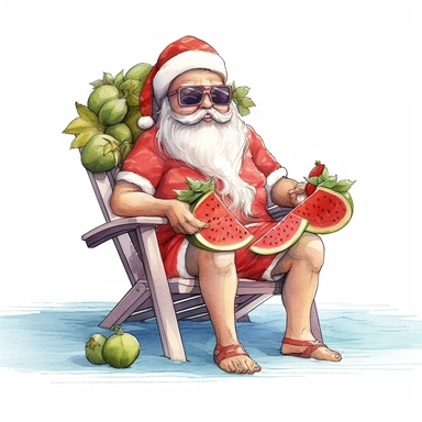 cute Santa Claus Wearing Sunglasses, sitting on a beach chair and eating watermelon, style by Lucy Fleming, watercolor, smooth gradients, black contour outline, ultra detailed, clipart elements, delicate pastel colors, solid white background, super clear, high quality