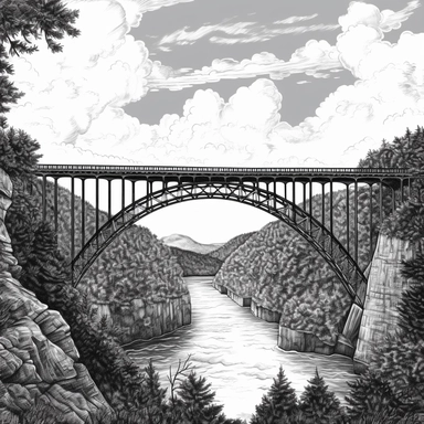 a black and white clip art style picture of the bridge at New River Gorge National Park