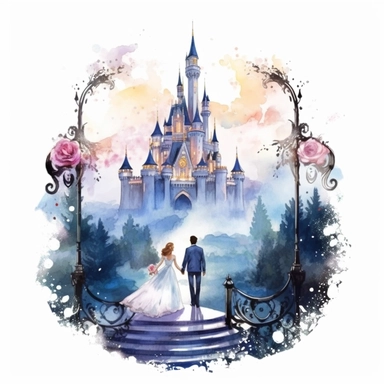 light watercolor tall castle and beauty couple in the moonlight in beautiful forest with bridges, roses, flowers,and lights realistic clipart on white background