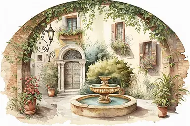 Create a high-quality hand-painted watercolor illustration of a serene Italian courtyard, capturing the essence of cozy Italian time spending. The artwork should showcase a charming garden with blooming flowers, lush greenery, and a picturesque fountain. Ensure the clipart has a transparent background, allowing for seamless integration into various designs