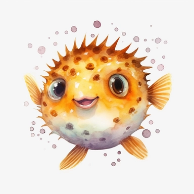 watercolor sea animal, clipart, white background, animated shape, realistic, puffer fish, happy