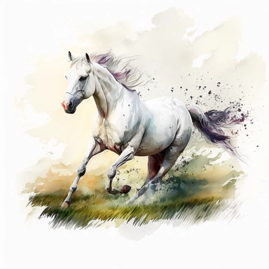 white stallion running on grass field, artistic, watercolour, clipart