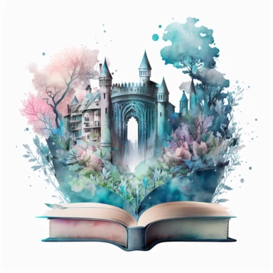 fantasy scene coming out of an open book, castle and garden , florals, magical, watercolors, Clipart, pastel blue color theme