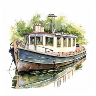 watercolour, pretty canal boat, detailed, summer time, clipart, white background