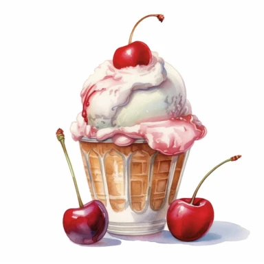 watercolor, hyper realistic, white background, white margins, 16k, ultra detailed clipart, cut out image, hand-drawn a scoop of vanilla ice cream with a cherry on top, with shades of white and red. in the style of carolyn blish, soft watercolours, website, translucent color, aleksandr deyneka, luminous glazes, charming illustrations
