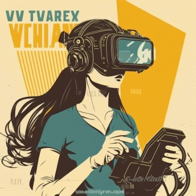 vr headset, virtual reality, industrial worker, woman, poster, learning in vr gogle, repairing machine, simplistic, abstract, vector, 2d illustration, clipart, few colors, industrial, hi-tech