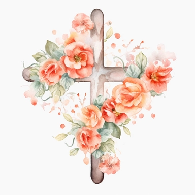 watercolour Cross clipart with hearts and roses, white background, no text