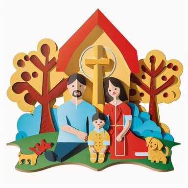 paper-cut clipart, isolated with white background, Happy Asian family mom, and dad smiling , and a child laughing with a puppy, sitting on the grass , primary color is yellow, blue and red, bright atmosphere, flat illustration, story telling, James jean ,high resolution, church with a cross on top backgrounds