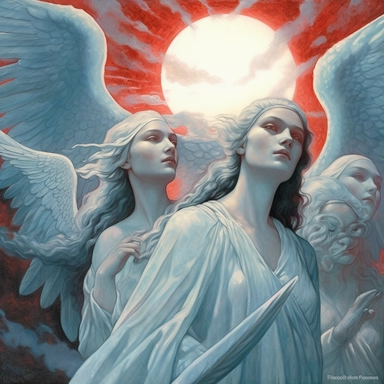 clipart, pastel blue sky, gray black clouds, red sun, white angels fly in the clouds, realism, white background, Painting By Jean Delville, Redshift Render, vector