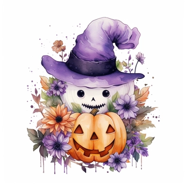 Cute Ghost wearing a Halloween hat, pumpkin, purple flowers, Halloween sublimation, watercolor, digital painting, highly detailed, realistic,style by Lucy Fleming, watercolor, smooth gradients, black contour outline, ultra detailed, clipart elements, delicate pastel colors, solid white background, super clear, high quality