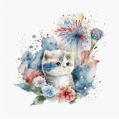 watercolor 4th of july cute kitten fireworks flowers clipart, white background