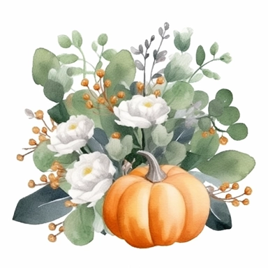 Autumn Pumpkin, Bouquet of Autumn Pumpkin Flowers, Arrangement, Green Leaves, Gray Eucalyptus Leaves, White Fruits, Watercolor, Clipart, Illustration, French Style, White Background