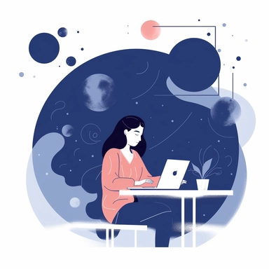 lofi woman using laptop at desk in space clipart white background clean lines