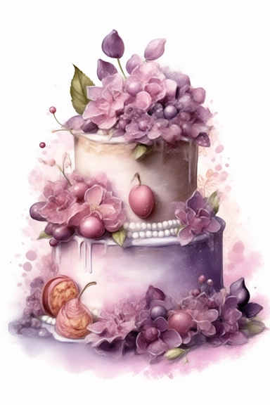 amazing detailed watercolor clipart of a beautifully detailed lilac and baby pink colored birthday cake, no caption, solid white background, cinematic light lighting, hyper-detailed, 8k, high resolution, symmetrical, full shot photograph, insanely detailed and intricate, beautiful, elegant, glamour, watercolor, cinematic