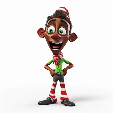clipart of a crazy dark skinned christmas elf, there is a funny face on it, cartoon, for kids, funny, pixar, 8k, white background, sharp focus, detailed,