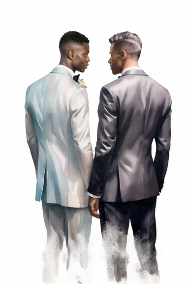 watercolor portrait illustration of dark-skinned groom with dark-skinned best man clipart, close up view of the back, in style of Michiel van Huysum, subtle faded color variations, hyper-detailed hd watercolor clipart, on white background, spaced out