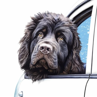 close up high detailed, Hand drawn watercolor clipart of Newfoundland dog looking outside a moving car window, on a pure white background for background removal, no shadow, no paint splash no text, watermark