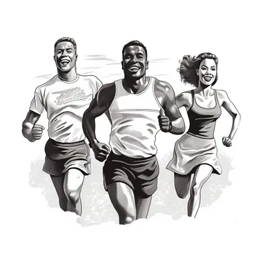 retro clipart, vintage black peoples 50s style, balck and white ink drawing, american advertising illustration, vector, vintage, friends group, sport, physical exercices, fitness