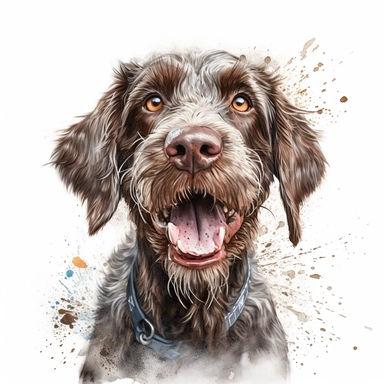 cute German Roughhaired Pointer dog portrait, full face, centered shot, side shot, dynamically posed, in action, playful mood, happy mood, playing mood, cute face, adorable smile, childlike eyes, clean watercolor illustration, white background, nursery baby imagery, painting, detailed, 8k, PNG, clipart,