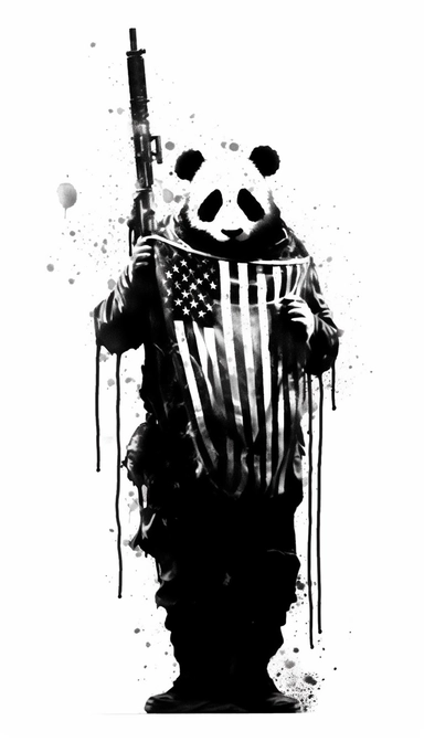 Panda dressed as a graffiti artist holding a gun black and white, silhouette of American flag background, minimalist clip art by Mr. Brainwash