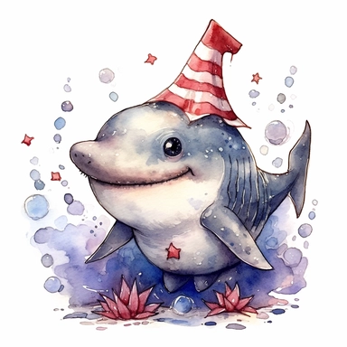 4th of july,cutest little nursery shark with big eyes, full body, pen and ink with watercolor, seaweed, jelly fish, little fish, pearlescent horn, sparkles, glittery, clipart sheet, nurseycore