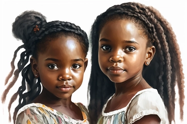 Two beautiful child black girls, African American on a white background showing their braided long Hair fashion, slightly smiling, clipart painting style