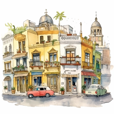 Very cute and Whimsical street of Buenos Aires, the city of color at argentina's capital, in the style of vernacular architecture, mexican folk art influence, danube school, light yellow and dark green, street scene, Watercolored illustration, clipart, white background
