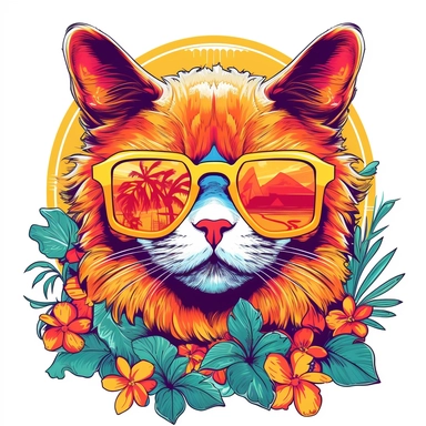 very detailed cutout design of a cartoonized cat wearing sunglasses, with retro summer sunset, and hippie roses, full color, laid flat on white background, vector illustration, flat comic style by Jim Steranko, Sublimation Clipart ,Cartoon,hyper realistic, intricate detail, illustration style,high solution,on the white background