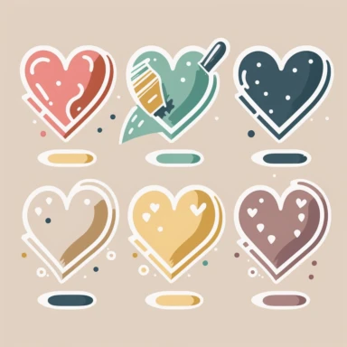 Six cute heart-shaped icons vector clipart in the style of lively brushstrokes, star art group (Xing Xing), label and marker style, minimalism, muted colors, white bakcground