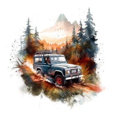 water color offroad floral advventure car 4*4 vehicle truck between high mountains and trees, vivid colors, sunset, clipart, hd, white background