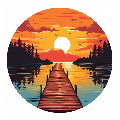 clipart picture of a dock at a lake, sunset, on circular white background