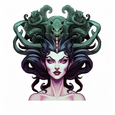 2d thick-lined disney clipart illustration of the head of medusa with snakes, white background