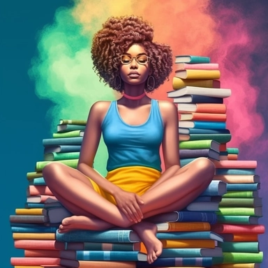 imagination, Clipart illustration of afro cosmepolitian woman sitting on top of books, realistic in the style of nene thomas, 100k background, Abstract, Colorful, beautifully color - coded, beautifully color graded, Unreal Engine, Cinematic, Color Grading, Editorial Photography, Photography, Photoshoot, Shot on 70mm lense, Depth of Field, DOF, Tilt Blur, Shutter Speed 1/ 1000, F/ 22, White Balance, 32k, Super - Resolution, Megapixel, ProPhoto RGB, VR, Lonely, Good, Massive, Halfrear Lighting, Ba