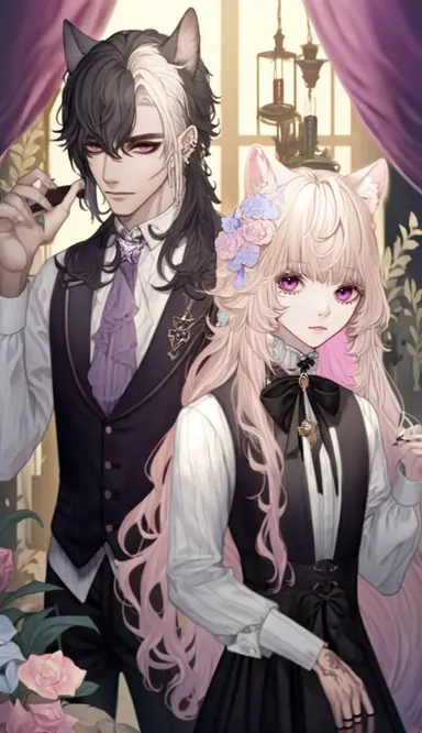 Ivory hair, beautiful young boy, decadence, dark garden, torches, ikemen, dark skin, hair clip, fine decoration, gray and pink eyes, pink ribbon tie, ivory Modern Mullet hair, ponytail with ribbon, Long bangs, brown shirt, black vest and black pants suit, snow leopard, cat ears, Gothic and antique, botanical art