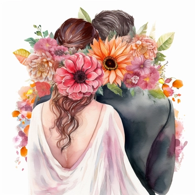 watercolor the middle of the couple New with arms around in the park back view Bridal veil with Dahlias flowers and leaves adorning her hair. hair up with flowers vividly bold designs png realistic cartoon in 32K UHD cute. 15 cm thick outline. Black color. There was no shadow on the ground. 8k with realistic watercolors. and detailed illustrations. PNG clipart, transparent white background