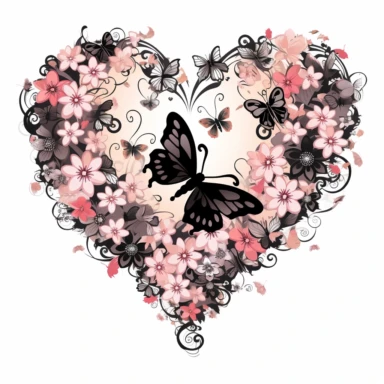 clipart style image of a hollow heart shape made up of flowers and butterflies in shades of pink and black